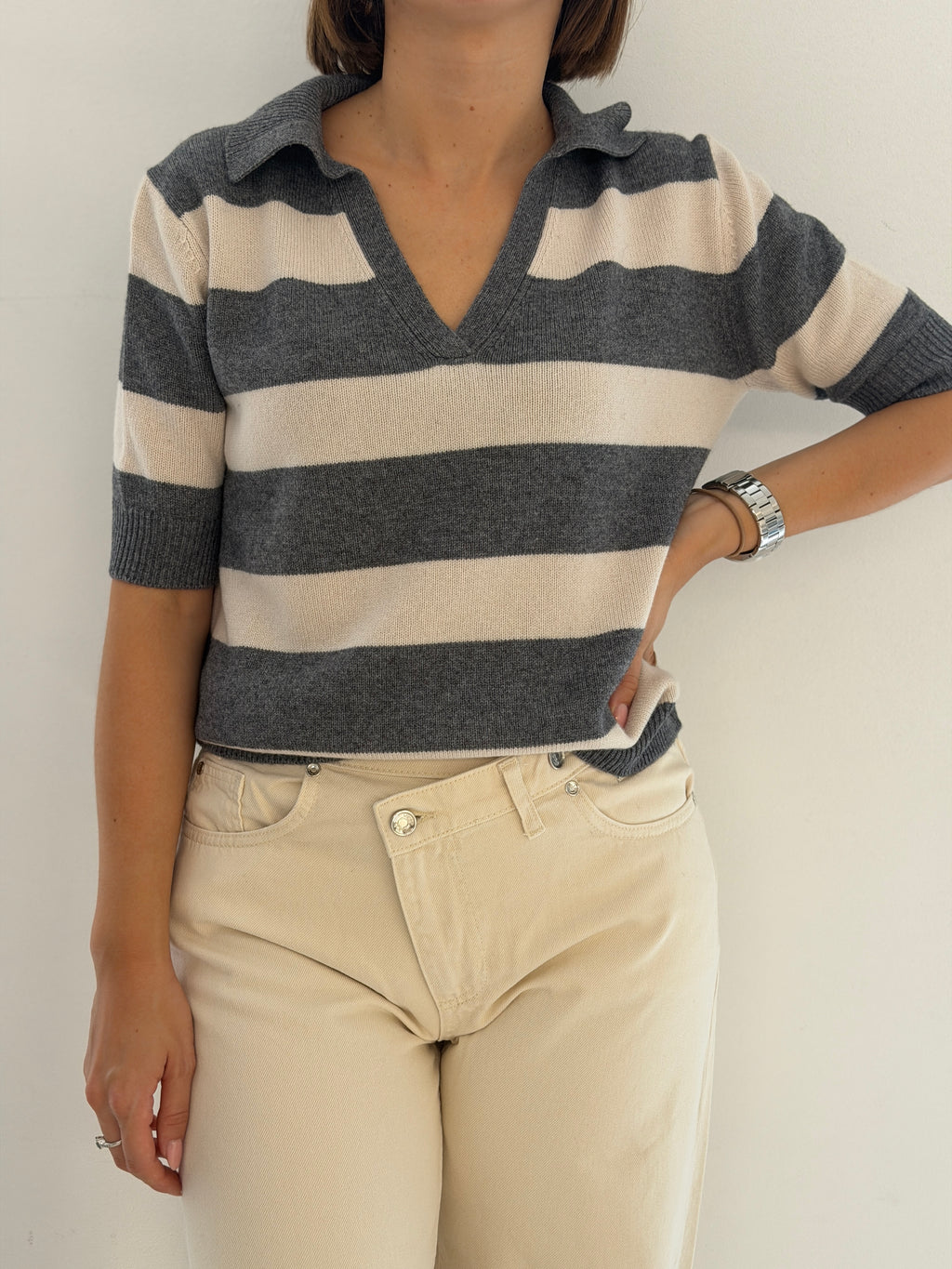 Polo in maglia a righe misto cashmere