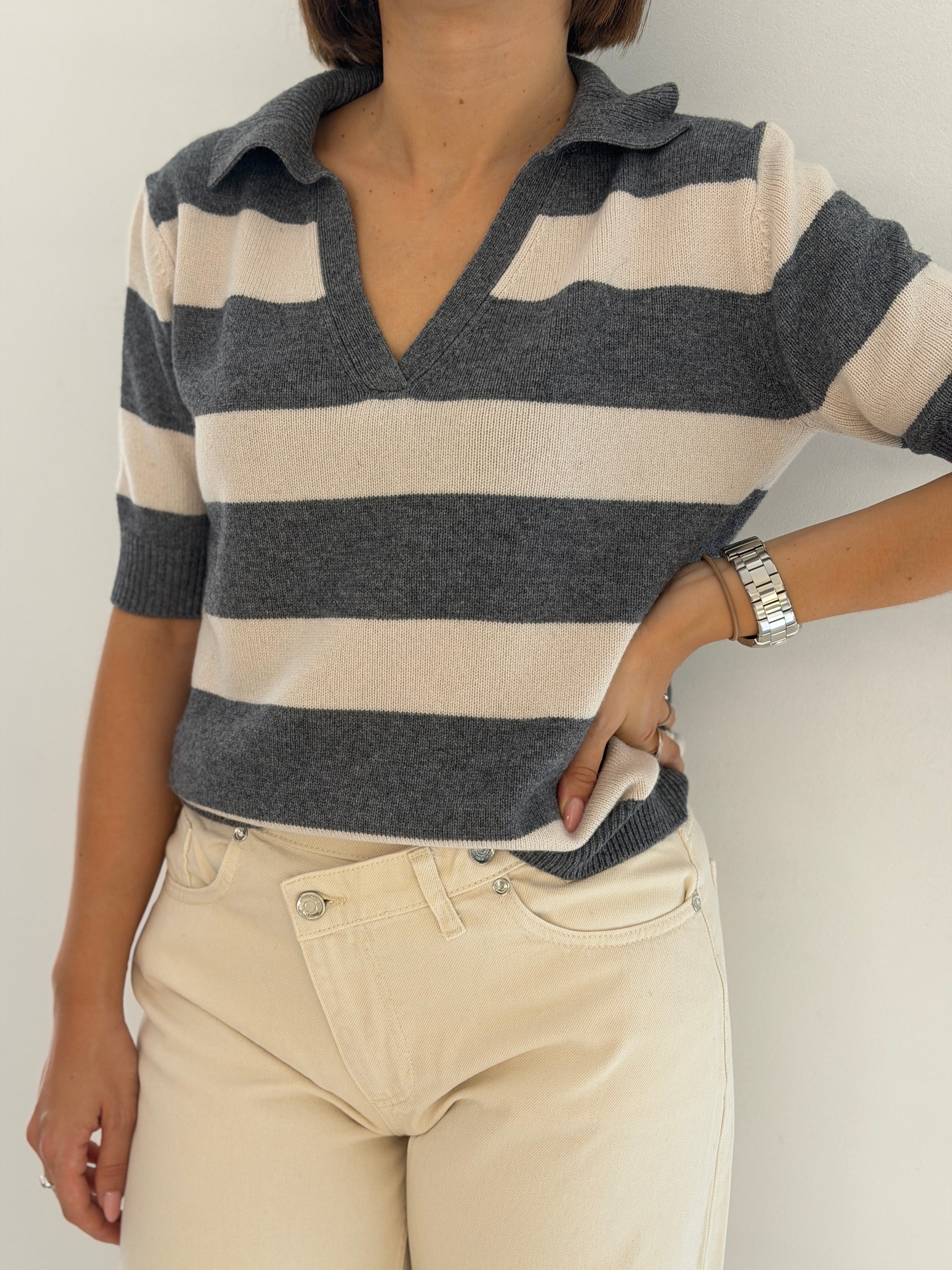 Polo in maglia a righe misto cashmere