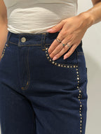 Denim a vita alta con strass
