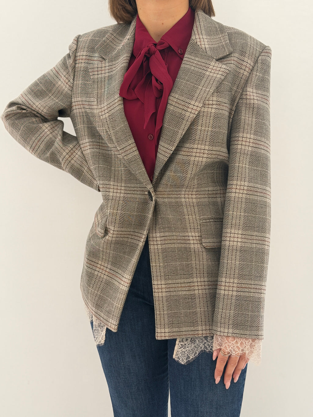 Blazer check con dettagli in pizzo